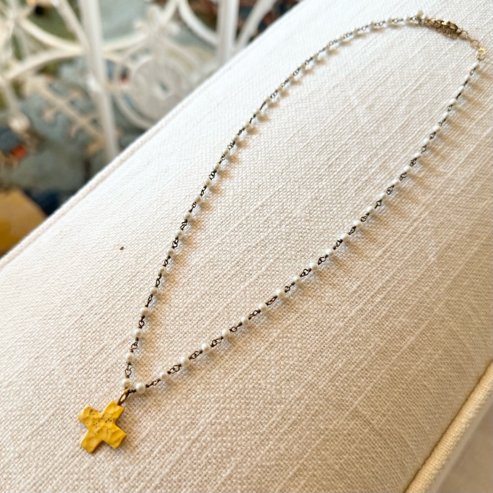 Beaded Faux Pearl Small Equilateral Gold Cross Adjustable Charm Necklace